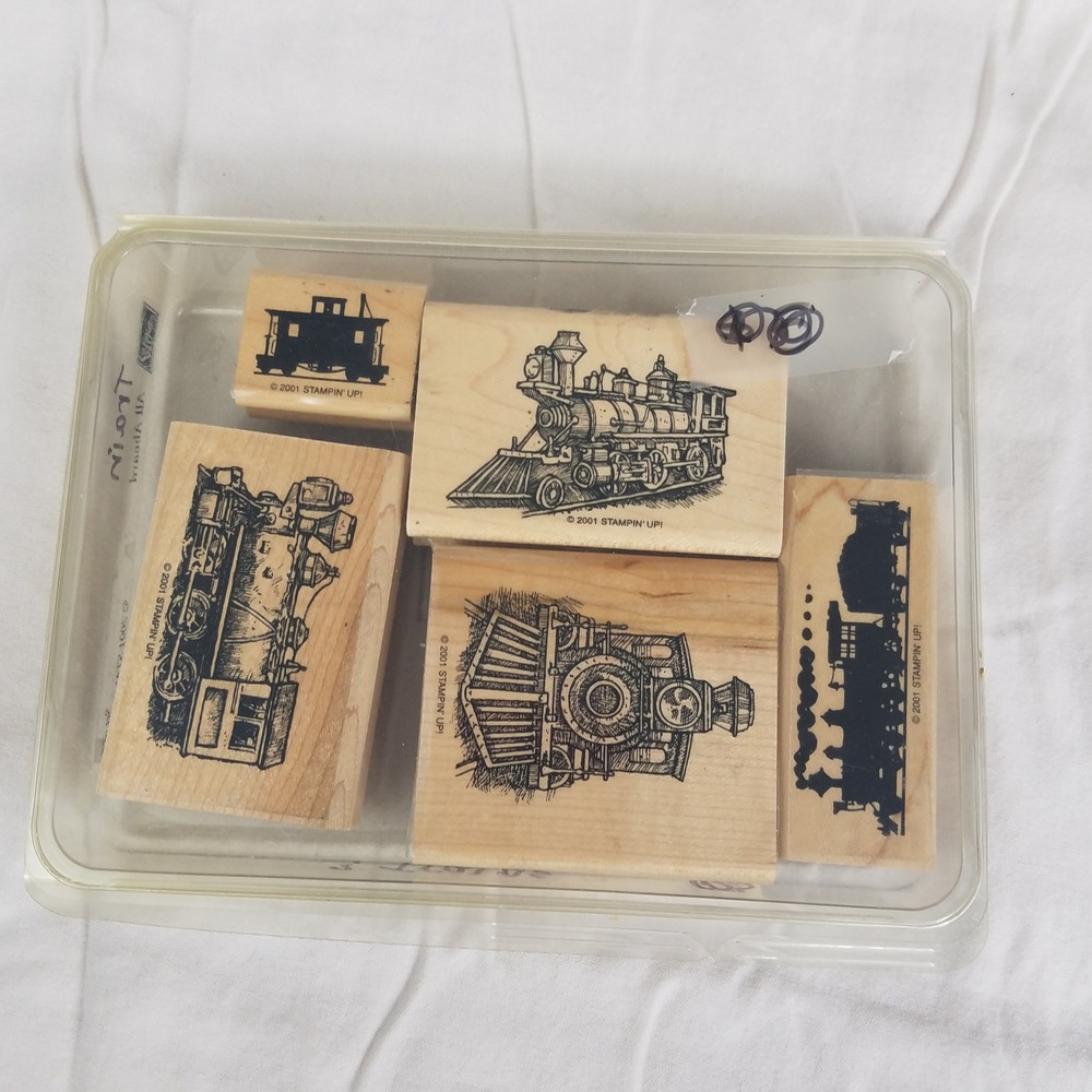 Stampin Up All Aboard 2001 Retired‎ Train Locomotive Wood Rubber Stamp Set 5pc